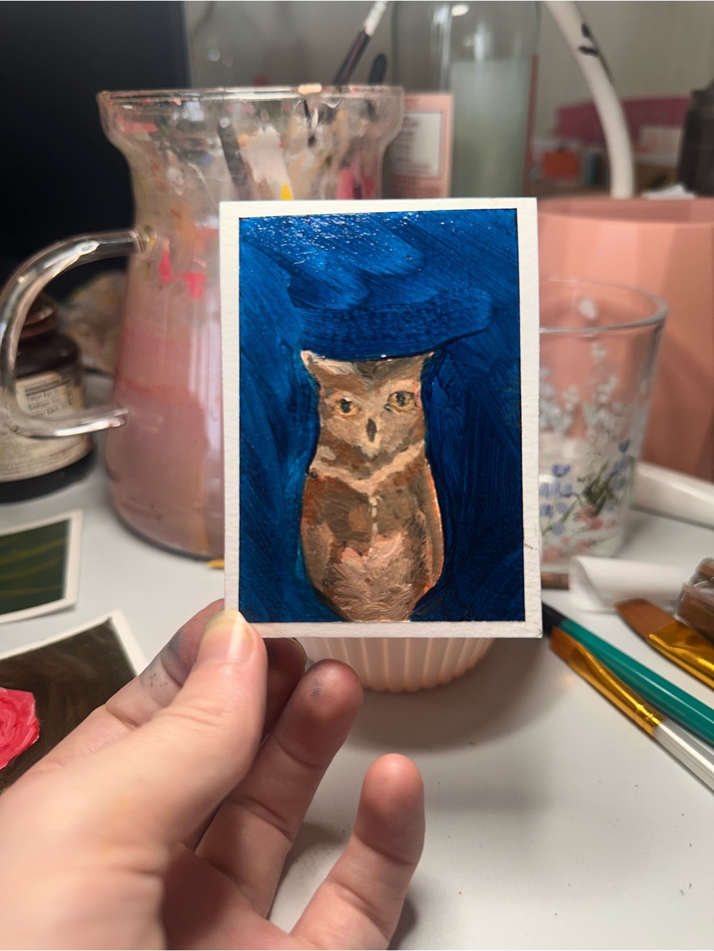 Hand-Painted Owl Mini Art - Blue Background